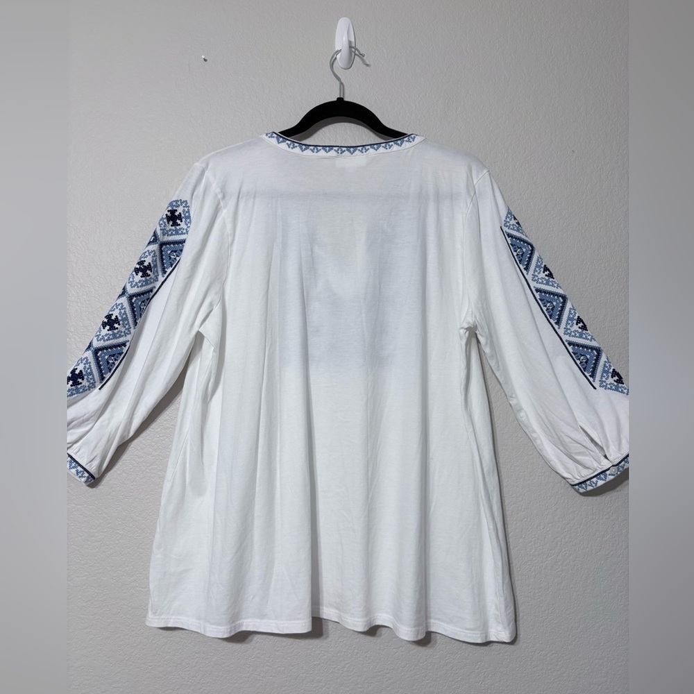 J. Jill Women’s White Blue Cross-stitch Embroidered Tunic Tassels Boho Peasant L - Picture 4 of 13